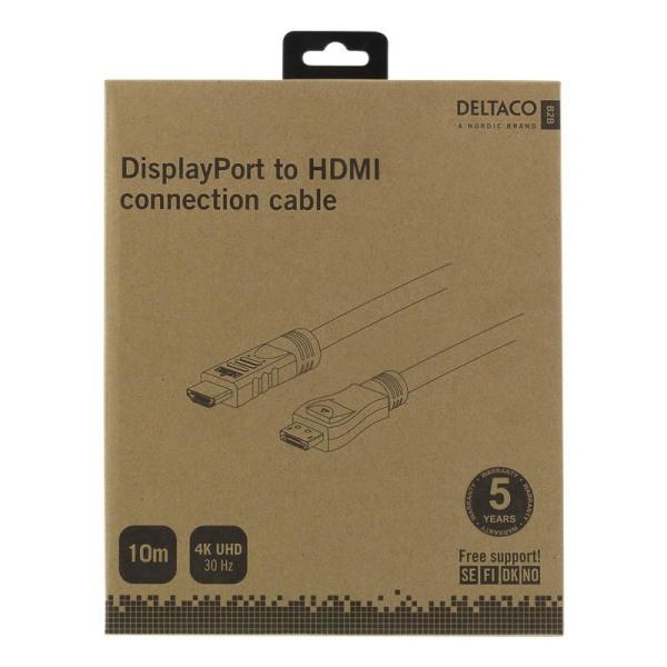 DELTACO DP - HDMI-kaapeli, 10m, 3840x2160 30Hz, 10,8Gb/s, musta