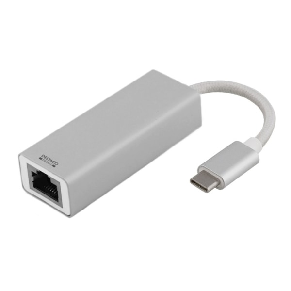 DELTACO PRIME USB-C nätverksadapter, Gigabit, RJ45, aluminium, silver