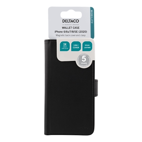 DELTACO wallet case 2-in-1, iPhone 6/6s/7/8/SE (2020), magnetic back Svart