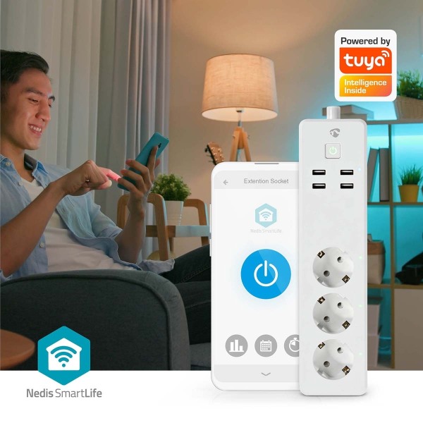 Nedis SmartLife Grenkontakt | Wi-Fi | 3x Jordad kontakt (CEE 7/3) / 4 x USB | 16 A | 3680 W | 1.80 m | -10 - 40 °C | Android™ / IOS | Vit