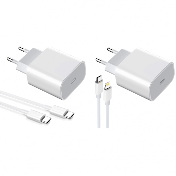2-pack Laddare för iPhone / Android 20W med USB-C till Lightning och USB-C - Snabbladdare