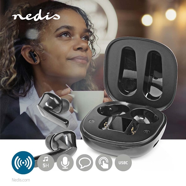 Nedis Täysin langaton Kuulokkeet | Bluetooth® | Suurin akun toistoaika: 5 tuntia | Kosteusohjaus | Latauskotelo | Sisäänrakennettu mikrofoni | Tuki ää Svart