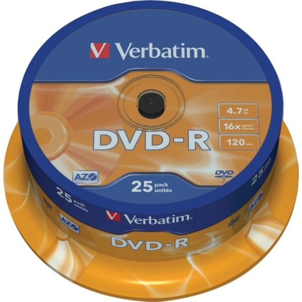 Verbatim DVD-R, 16x, 4,7 GB/120 min, 25-pack spindel, AZO (43522