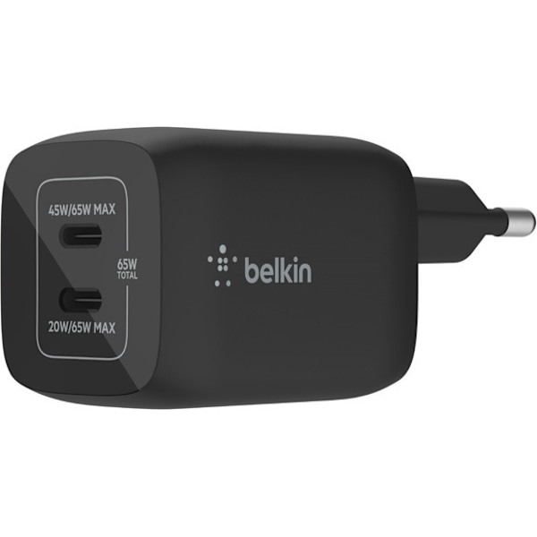 Belkin Boost Charge Pro Dual Port USB-C GaN 65 W PD 3.0 AC-oplader Sort