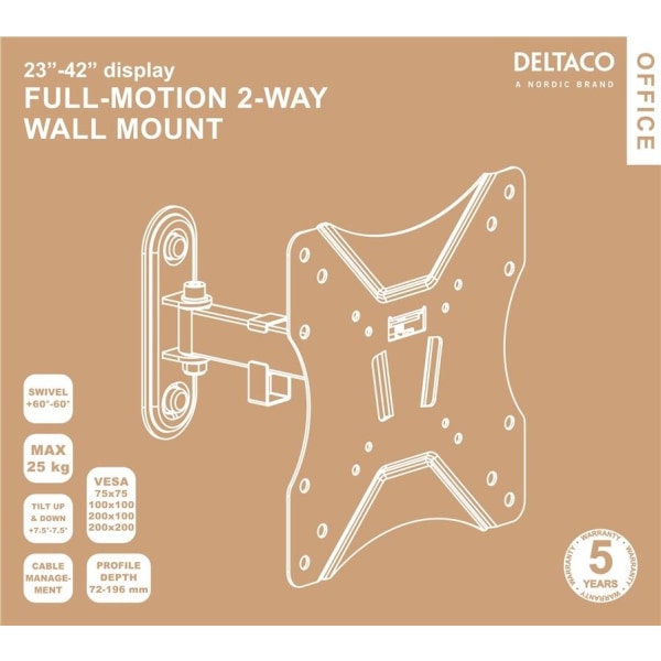 DELTACO Office, full-motion 2-way wall, 23"-42", 25kg, 75x75-200