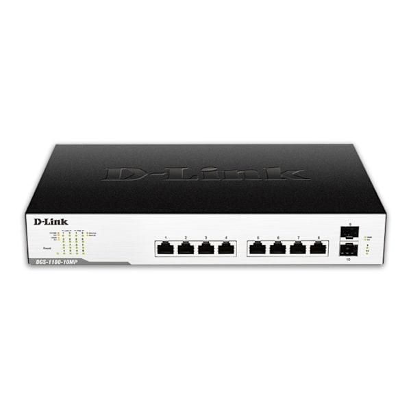 D-Link network switch, 8xRJ45, 2xSFP, PoE plus, Gigabit, black/silver Sort