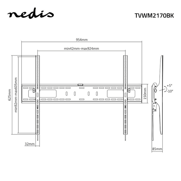 Nedis Kallistettava TV-Seinäteline | 60 - 100 " | Maksimi tuettu näytön paino: 75 kg | Kallistettava: 5 ° | Minimi etäisyys seinästä: 85 mm | Teräs |