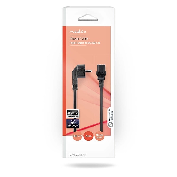 Nedis Strømkabel | Stikprop med sidebens jord – Han | IEC-320-C13 | Vinklet | Lige | Nikkelplateret | 2.00 m | Runde | PVC | Sort | Box