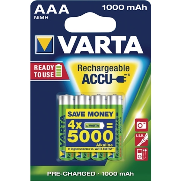 Varta Ladattava Ni-MH-Akku AAA | 1.2 V DC | 1000 mAh | Esiladattu | 4-Blister-kortti