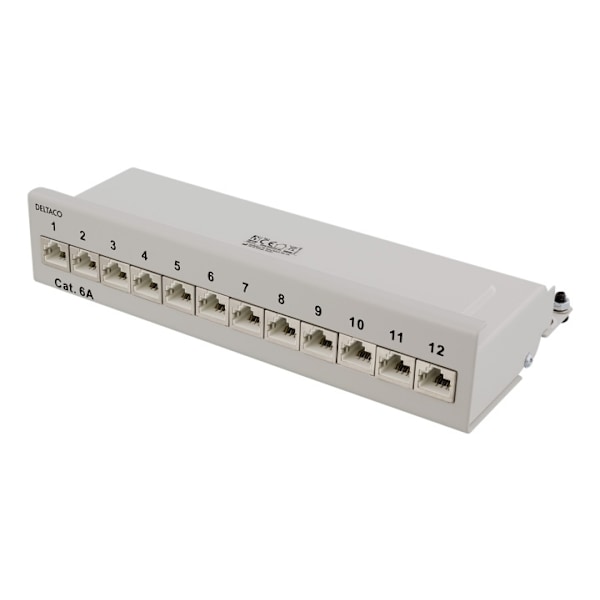 DELTACO Patch Panel, 12xRJ45, Cat6a, wall-mountable, metal, gray Grå