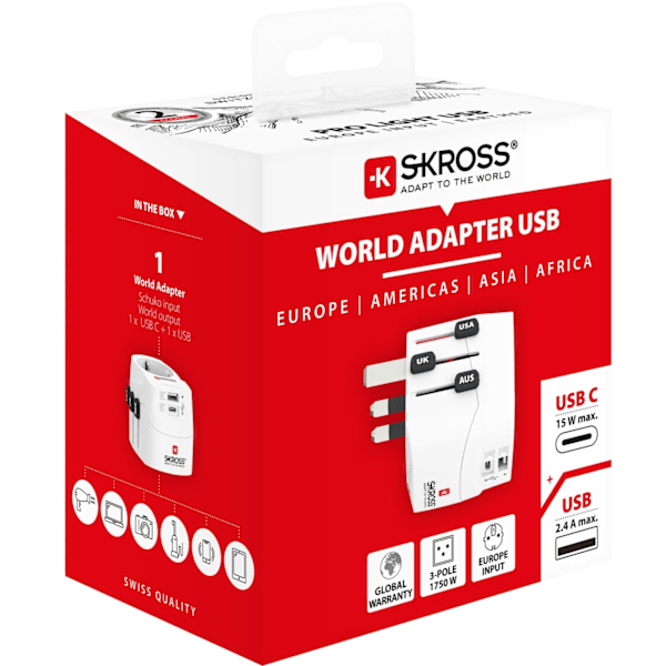 SKROSS World Adapter PRO Light (1xUSB-C & 1xUSB-A)