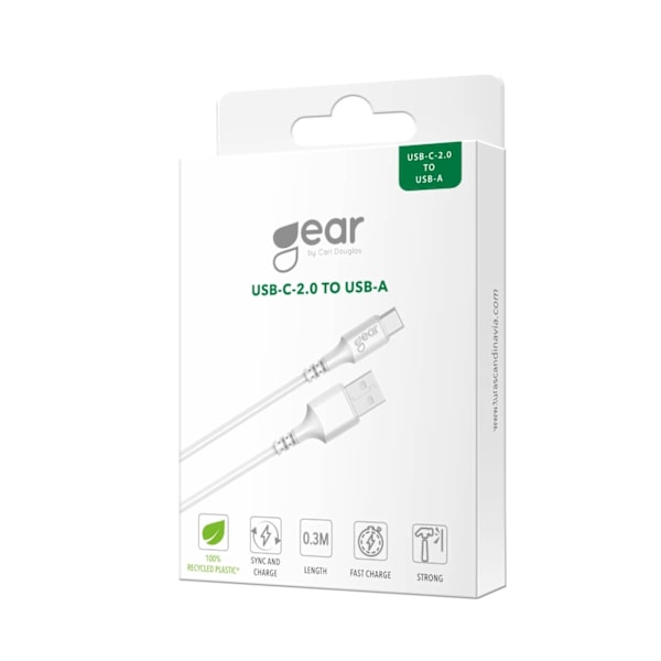 GEAR USB-A till USB-C 2.0 -laddningskabel 0,3 m vit rund