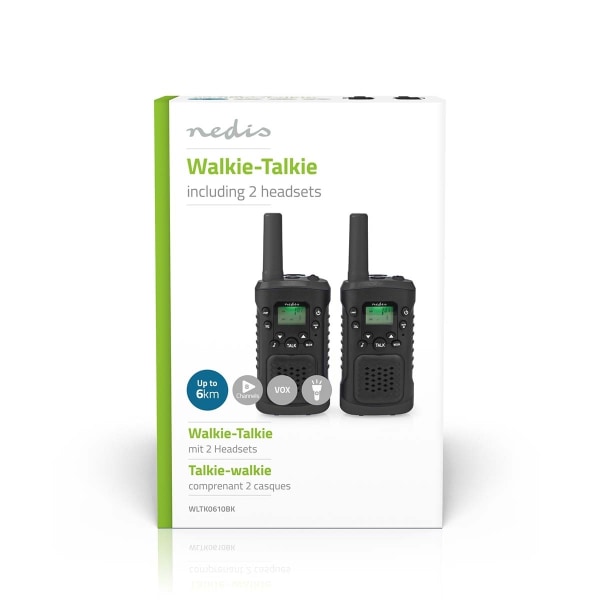 Nedis Walkie-talkie Set | 2 Håndsæt | Op til 6 km | Frekvens kanaler: 8 | PTT / VOX | Op til 3 Timer | Hovedtelefonudgang | 2 Headsets | Sort