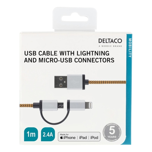 DELTACO USB-kaapeli, USB Micro B ur ja Lightning ur, MFi, 1m, oranssi