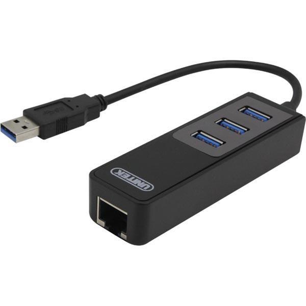 DELTACO, USB 3.0 netværksadapter, 1000Mbps,  1xRJ45, 3xUSB-A hun