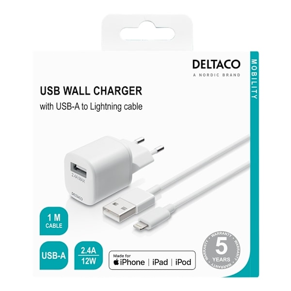 DELTACO USB wall charger, USB-A, 2,4 A, incl. 1 m USB-A to Lightning