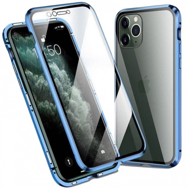 Gennemsigtig iPhone 12 Mini magnetisk cover i glas, Blå kanter Blå