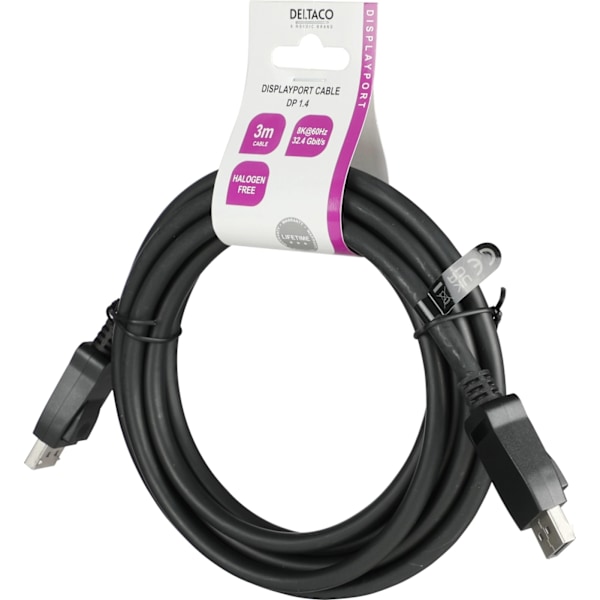 Deltaco DisplayPort-kabel, 1m, 8K, DP 1.4, DSC 1.2, LSZH svart