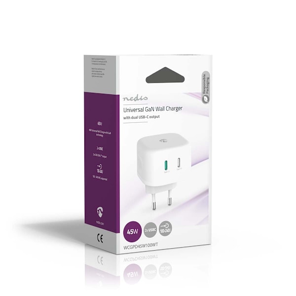 Nedis Väggladdare | 45 W | GaN | PD3.0 45W | Snabbladdnings funktion | 2.25 A / 3.0 A | Antal utgångar: 2 | 2x USB-C™ | Automatiskt val av Spänning |