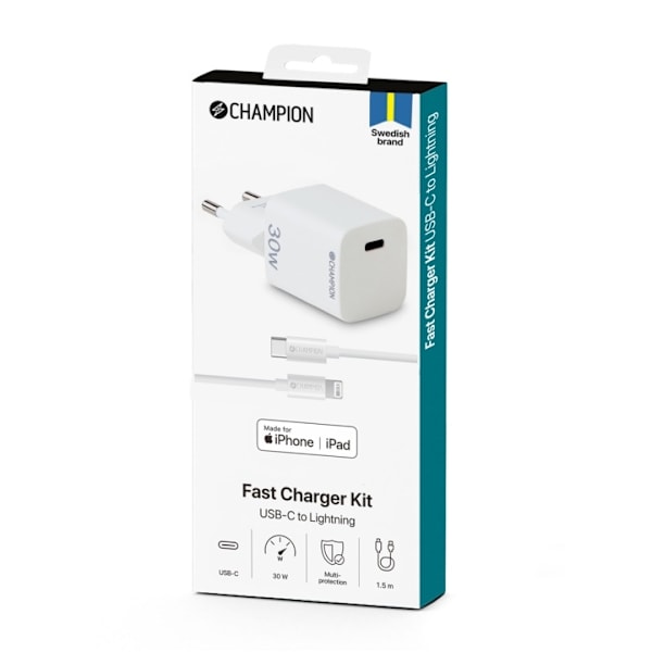 Champion Oplader 30W + USB-C til Lightning Kabel Hvid