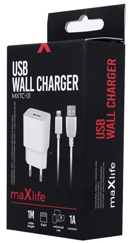 Maxlife seinälaturi MXTC-01 USB (1A) + Lightning-kaapeli, valkoinen