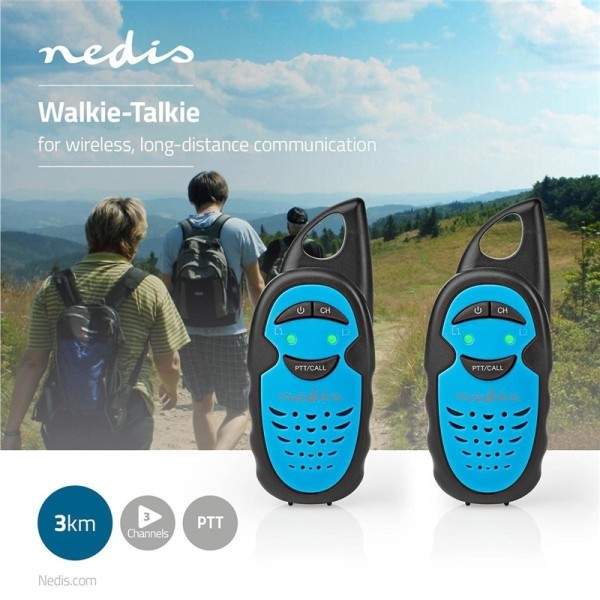 Nedis Walkie-talkie Set | 2 handenheter | Upp till 3 km | Frekvens kanaler: 3 | PTT | Upp till 3 timmar | Blå / Svart