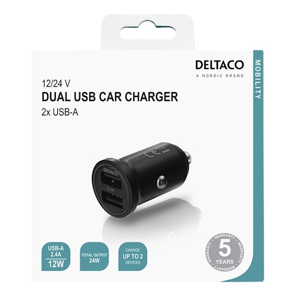 DELTACO 12/24 V USB-billaddare med dubbla USB-A portar, 24 W svart