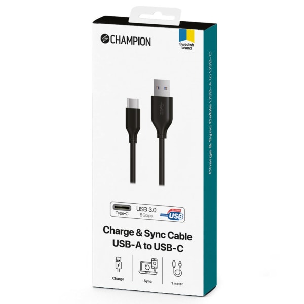 Champion USB-A till USB-C Kabel 1m Svart