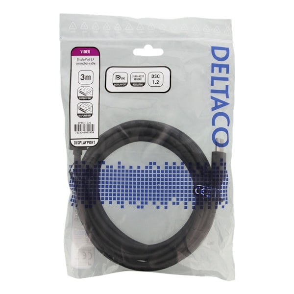 DELTACO DisplayPort kabel, DP 1.4, 7680x4320 i 60Hz, 3m, svart