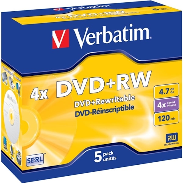 Verbatim DVD+RW, 4x, 4,7 GB/120 min, 5-pakkaus jewel case, SERL