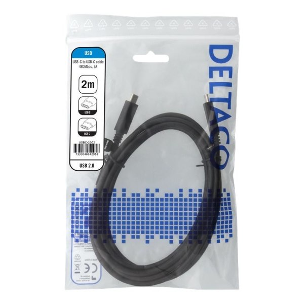 DELTACO USB 2.0 -kaapeli, Type C - Type C, 2m, musta
