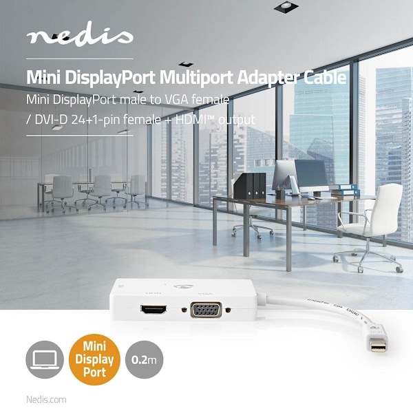 Nedis DisplayPort-sovitin | Mini DisplayPort Uros | DVI-D 24+1-Pin Naaras / HDMI™ Ulostulo / VGA Naaras | 4K@60Hz | Niklattu | Vaihdettava | 0.20 m |