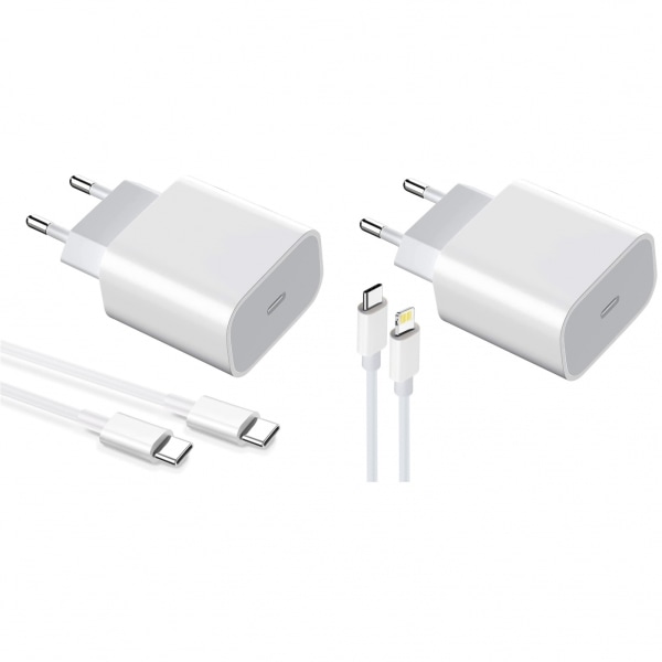2-pak oplader til iPhone / Android 20W med USB-C til Lightning o