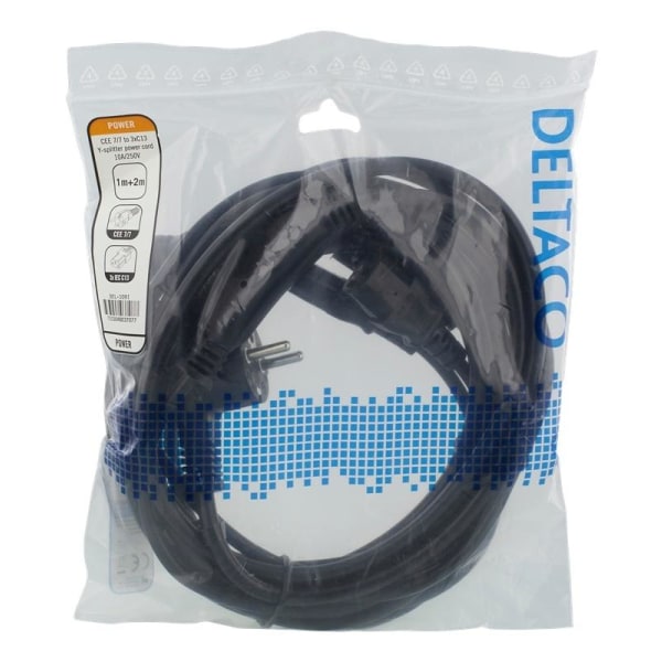 DELTACO apparat-Y-kabel, 3-vägs CEE 7/7-3xIEC C13, 1m+2m, svart