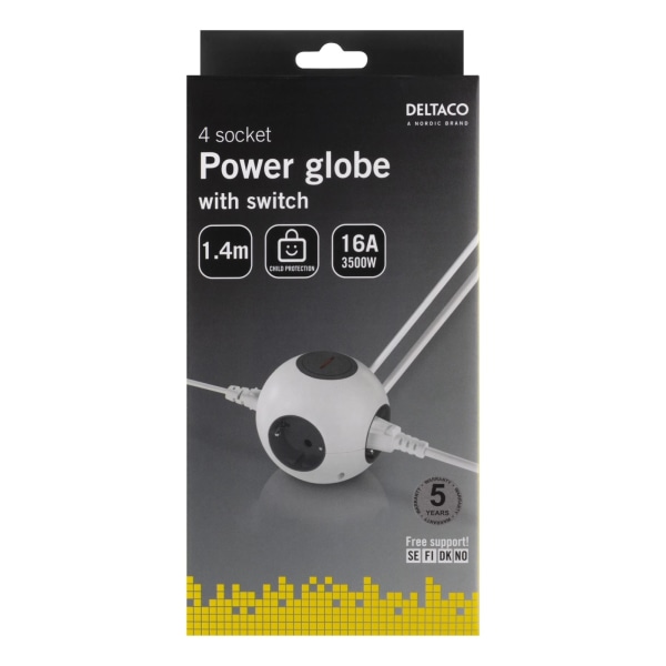 DELTACO Power globe with switch, 4xCEE 7/4, 1xCEE 7/7, 1.4m cable, whi