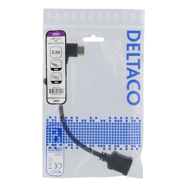 DELTACO Flexible HDMI adapter, 0,2m, left-angled, HDMI M/F, UHD, black