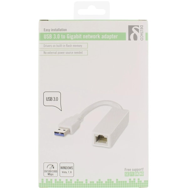 DELTACO USB 3.0 verkkosovitin, gigabit, 1xRJ45, va