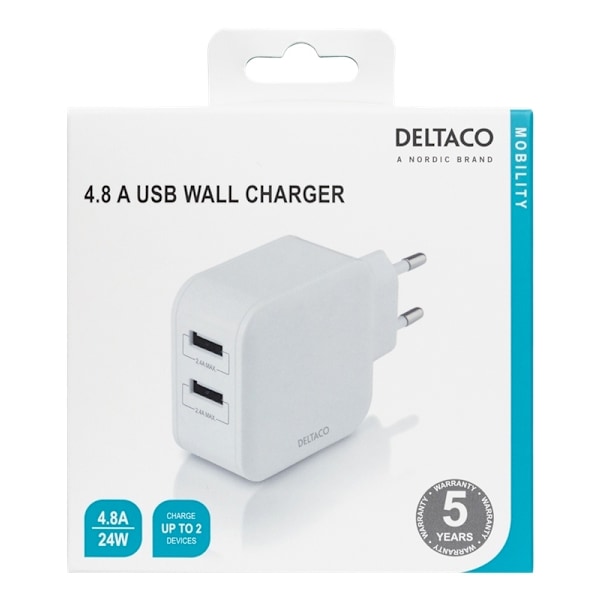 DELTACO Väggladdare med dubbla USB-A portar, 4,8 A, 24 W, vit