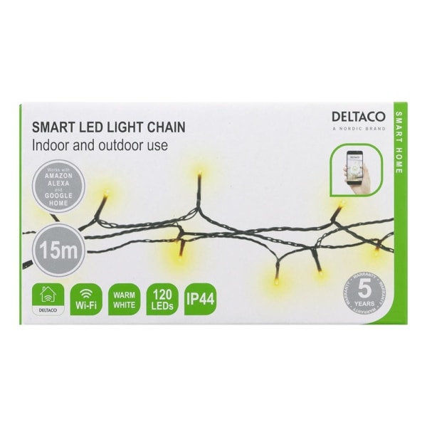 DELTACO SMART HOME WiFi light chain, 15m, 120 led, adapter,IP44,