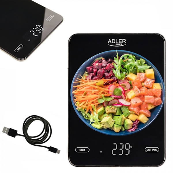 Adler AD 3177b Keittiövaaka 10kg, USB-lataus, musta