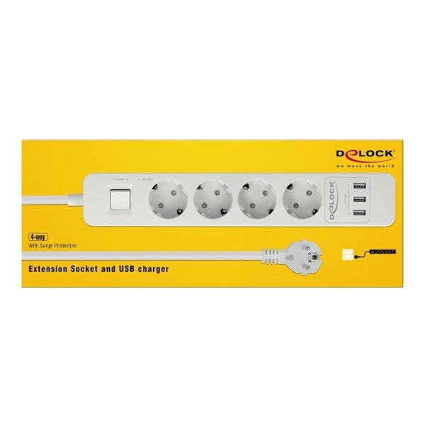 DeLOCK Extension Socket 4way Surge Protection & USB charger white
