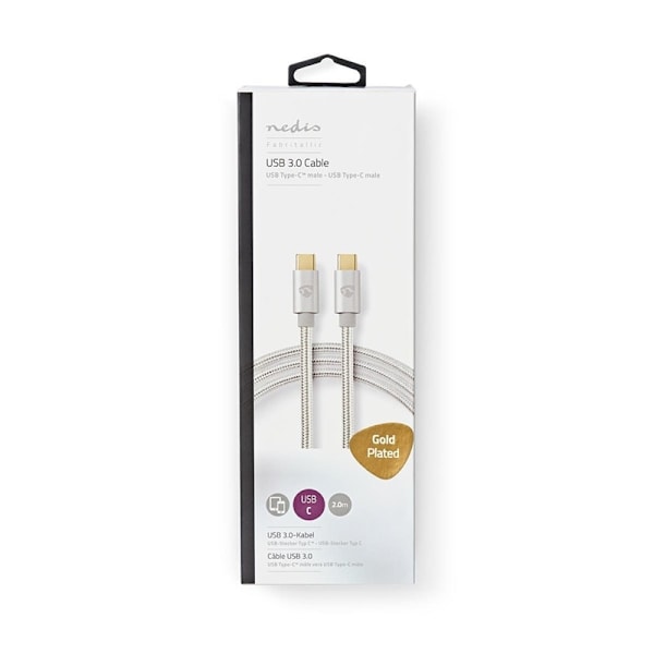 Nedis USB-kabel | USB 3.2 Gen 1 | USB-Câ„¢ Hane | USB-Câ„¢ Hane | 60 W | 4K@60Hz | 5 Gbps | Guldplaterad | 2.00 m | Rund | Flätad / Nylon | Aluminium