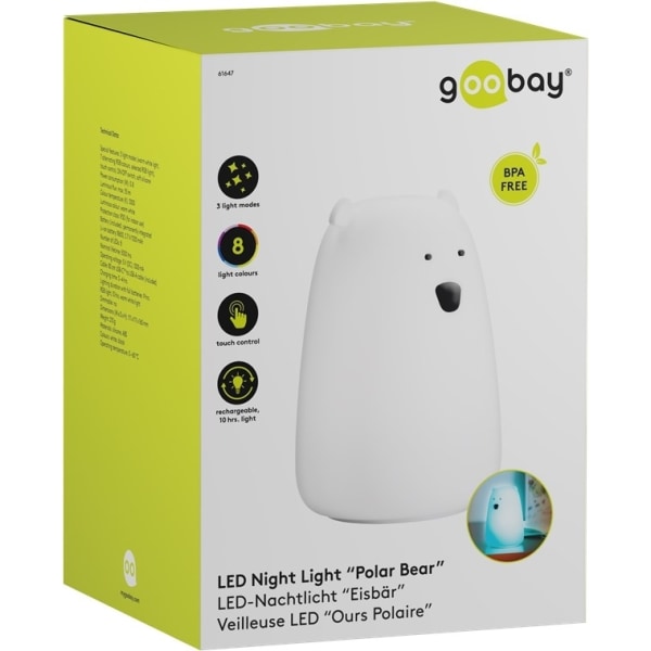 Goobay LED-vågelampe "Isbjørn" varmt hvidt lys og 7 skiftende farver (RGB-lys), med 3 lystilstande, berøringssensor og Li-ion-batteri (3,7 V/1200 mAh)