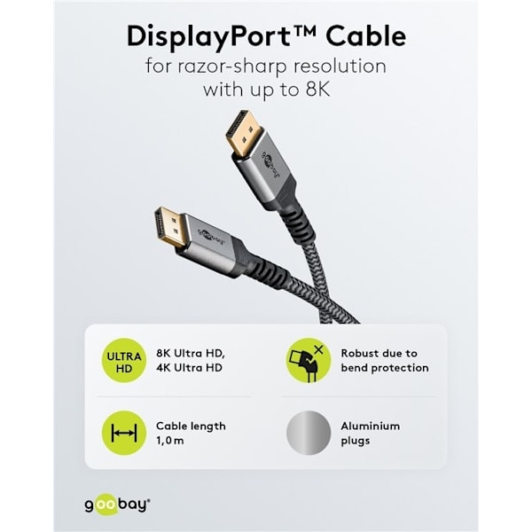 Goobay DisplayPort-kabel, DP 1.4, 1 m, Sharkskin Grey Displayport™ plugg > Displayport™ plugg