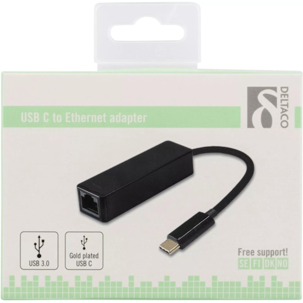 DELTACO, USB 3.1 netværksadapter, 1xRJ45, 1xUSB-C han, sort