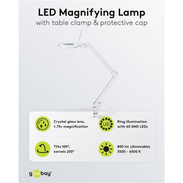 Goobay LED-luplampe med klemme, 10 W, hvid 800 lm, lysstyrke og