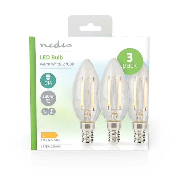 Nedis LED-lampe Pære E14 | Stearinlys | 2 W | 250 lm | 2700 K | Varm Hvid | Retro stil | 3 stk. | Klart