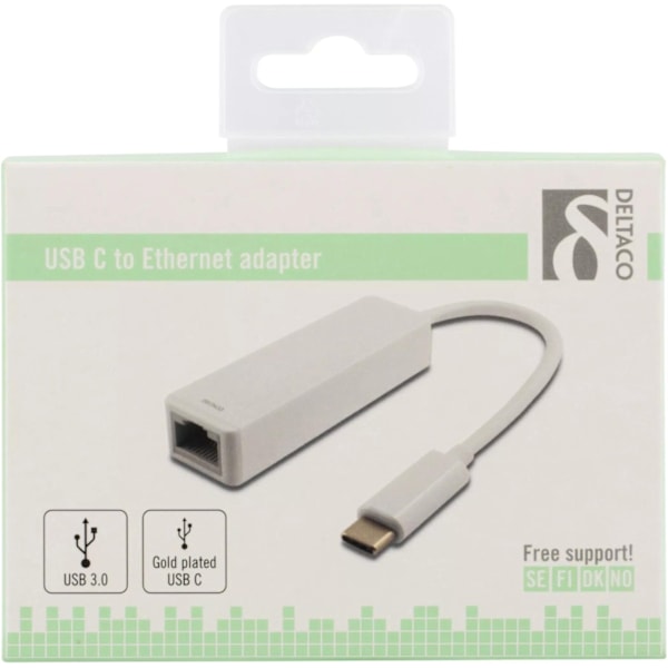 DELTACO, USB 3.1 netværksadapter, 1xRJ45, 1xUSB-C han, hvid