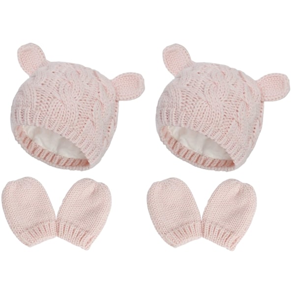 2 x söpö neulottu setti, jossa hattu ja lapaset vauvalle, Medium, Pink