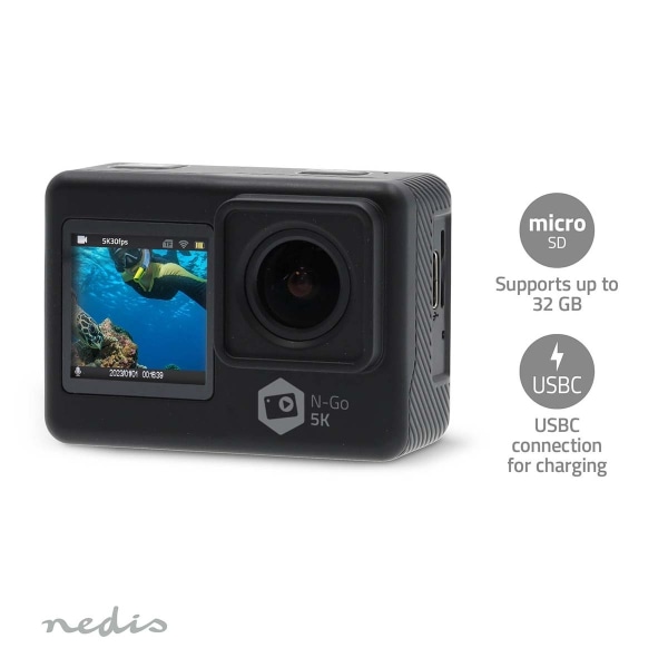 Nedis Action Cam | Dobbelt Skærm | 5K@30fps | 16 MPixel | Vandtæt op til: 30.0 m | 80 min | Wi-Fi | App tilgængelig til: Androidâ„¢ / IOS | Montering